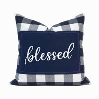 Blessed Applique Buffalo Check Throw Pillow Cover | Navy | 20" x 20"