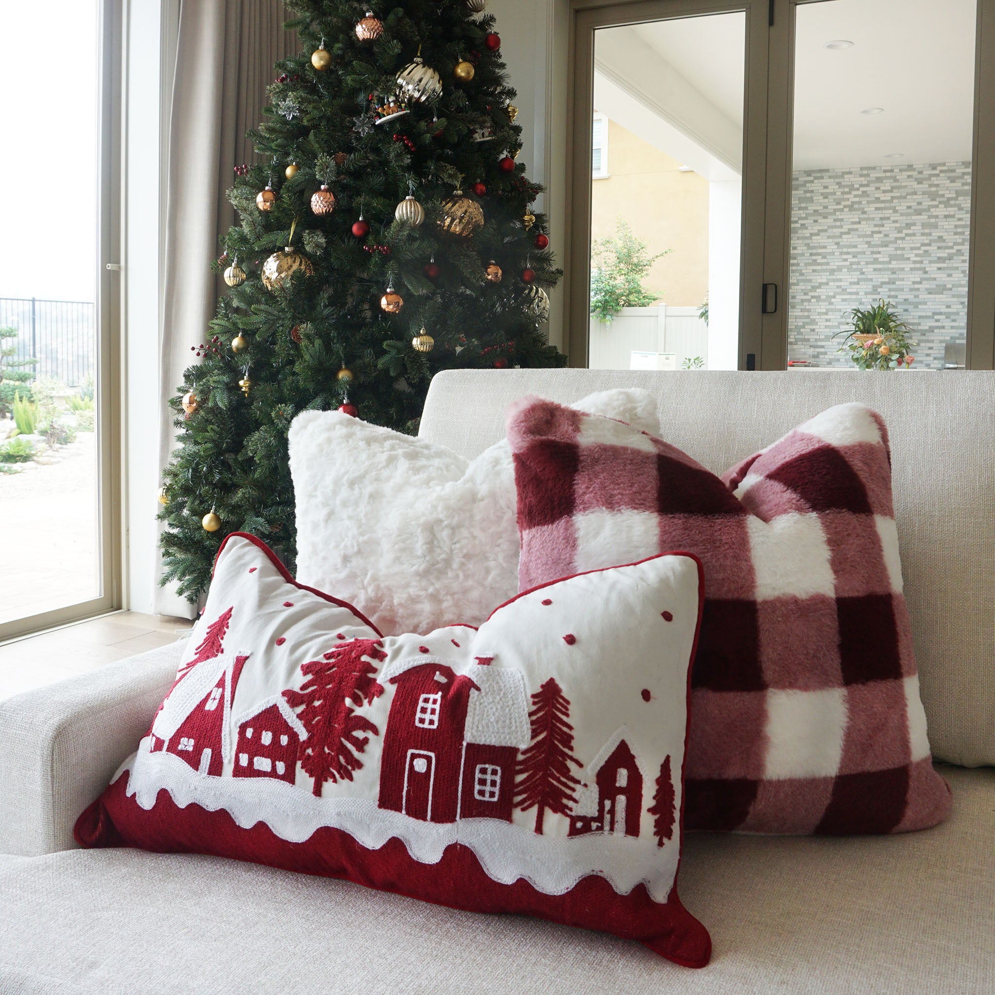 Buffalo Check Faux Fur Throw Pillow | Wine/White | 20" x 20