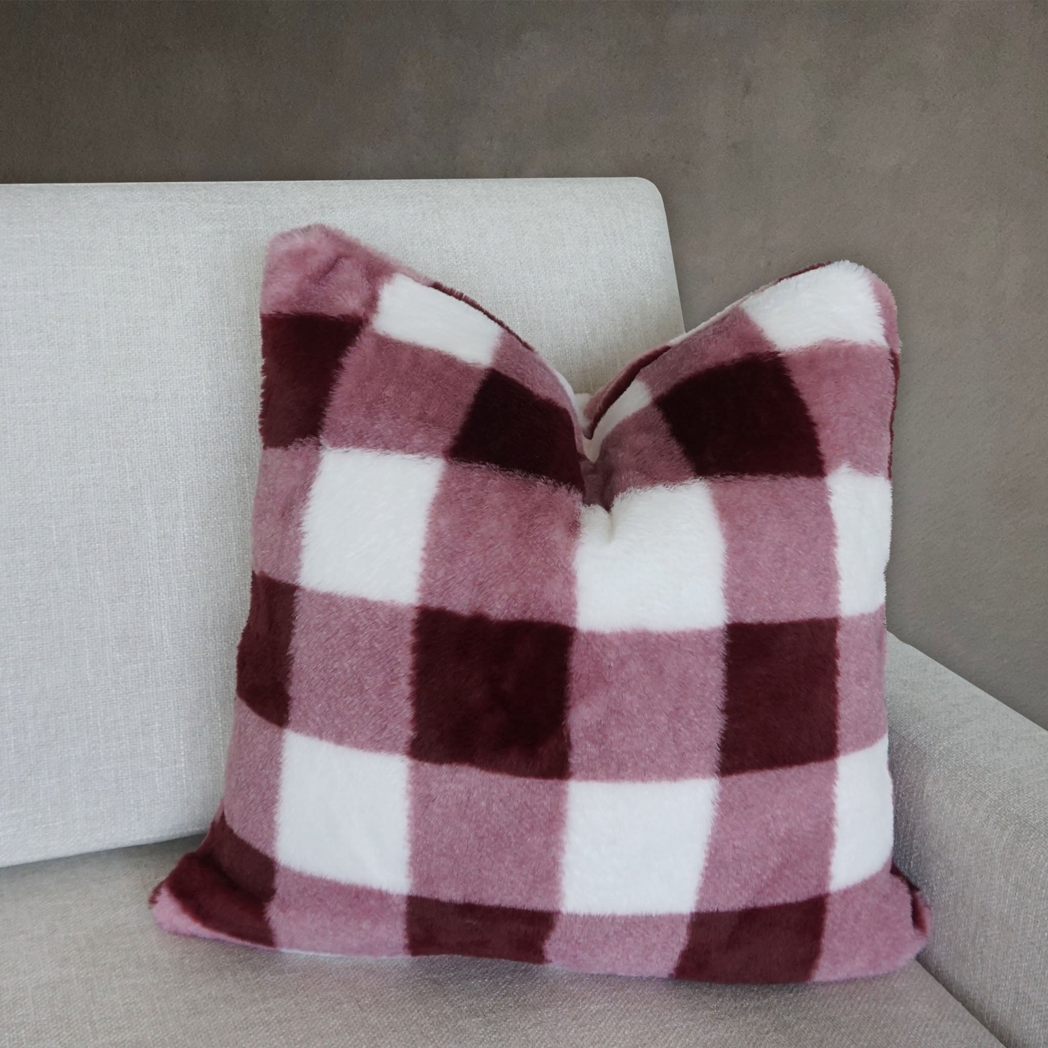 Buffalo Check Faux Fur Throw Pillow | Wine/White | 20" x 20