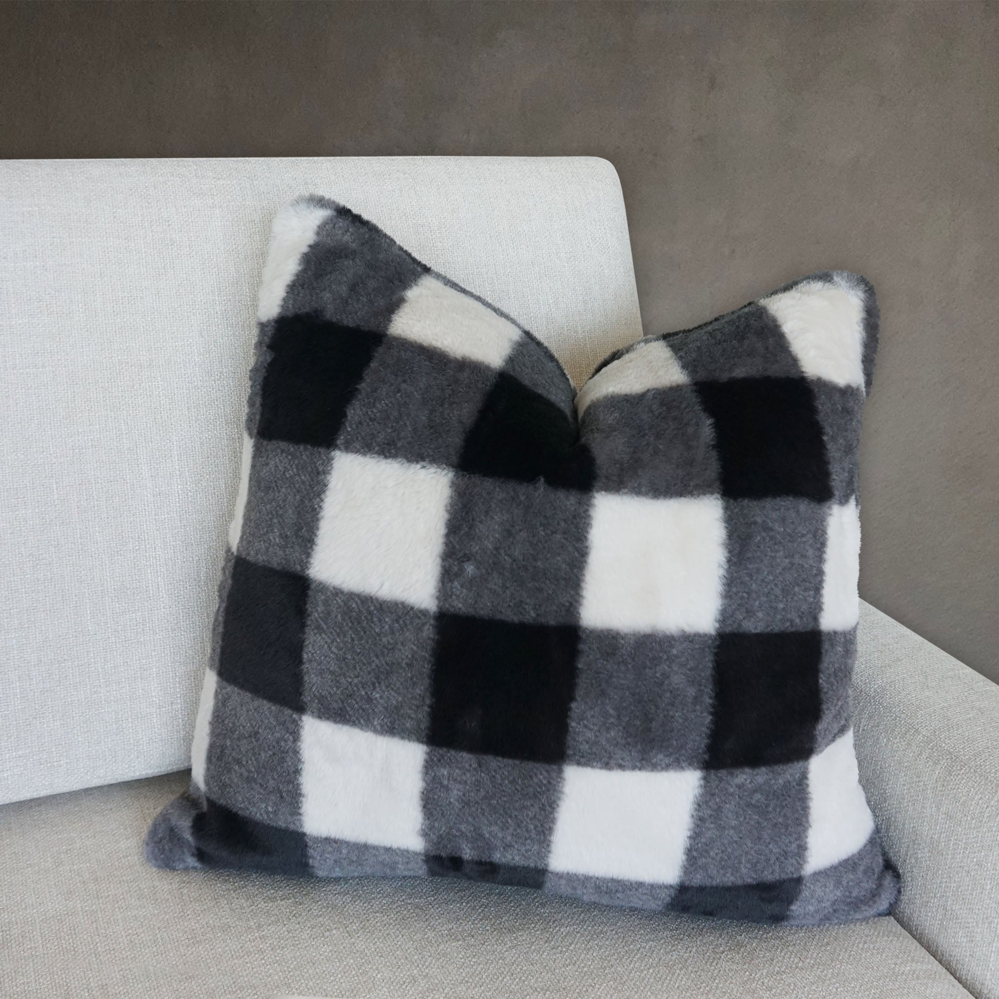 Buffalo Check Faux Fur Throw Pillow | Black/White | 20" x 20"