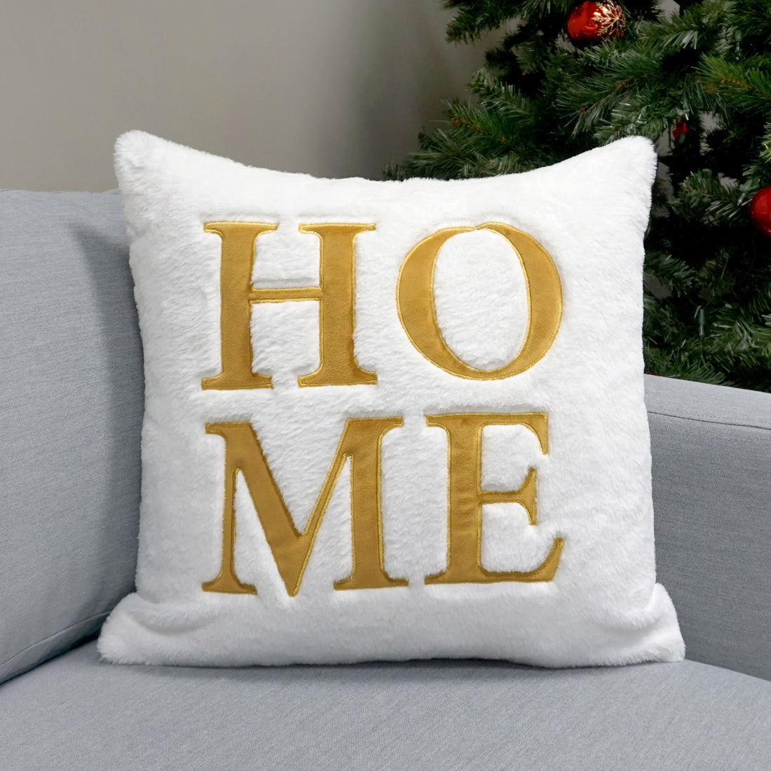 Home Applique Faux Fur Throw Pillow | Gold | 20" x 20"